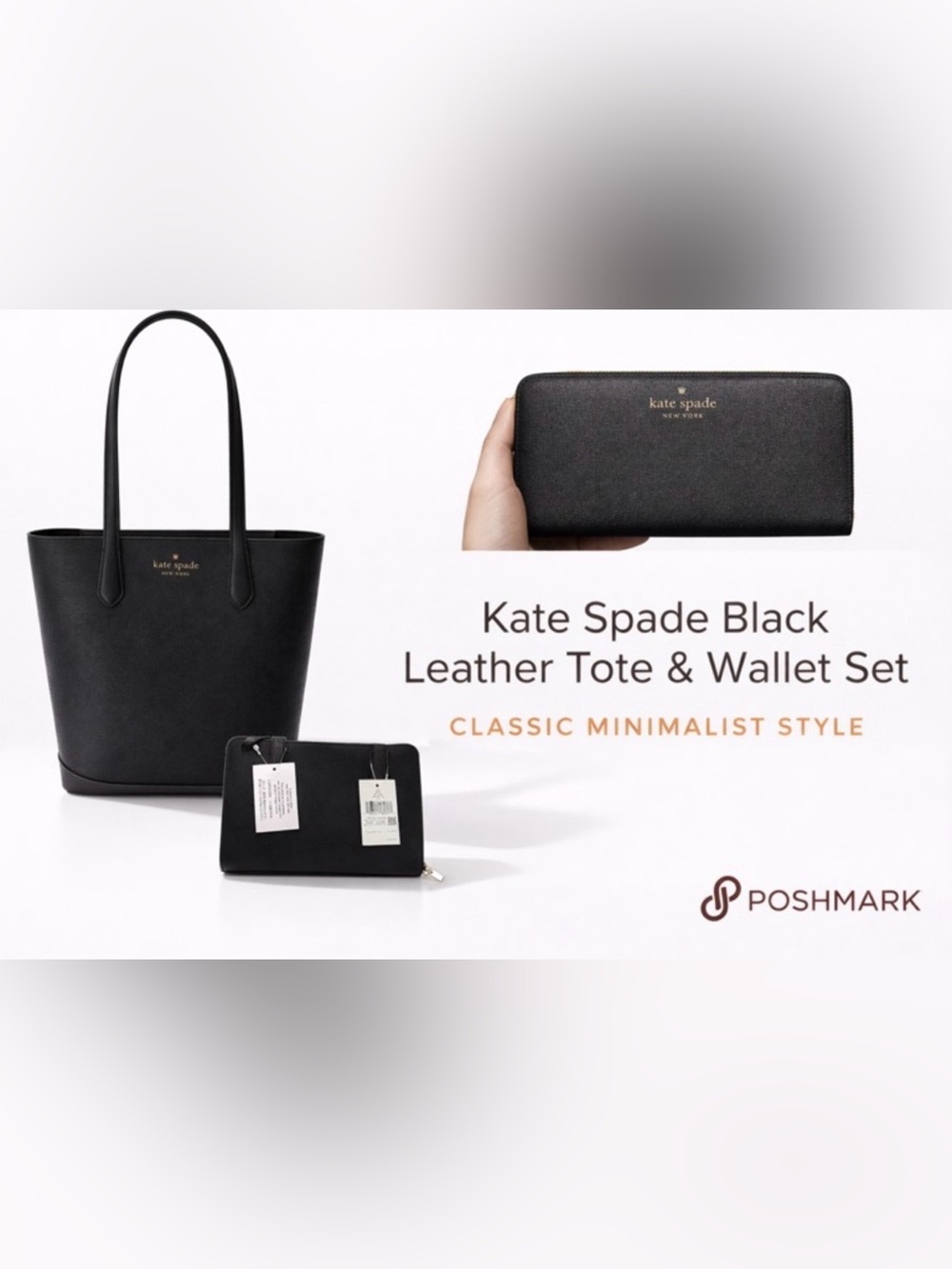 Kate Spade Black Leather Tote & Wallet Set NEW WITH TAGS Minimalist Classic - Picture 2 of 8